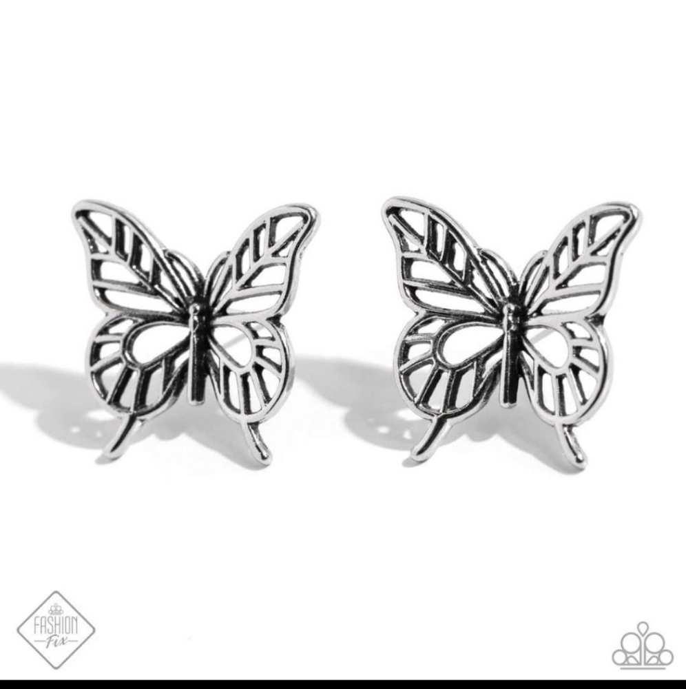 High and Flighty Silver Post Earring Butterfly Fashion Jewelry Paparazzi